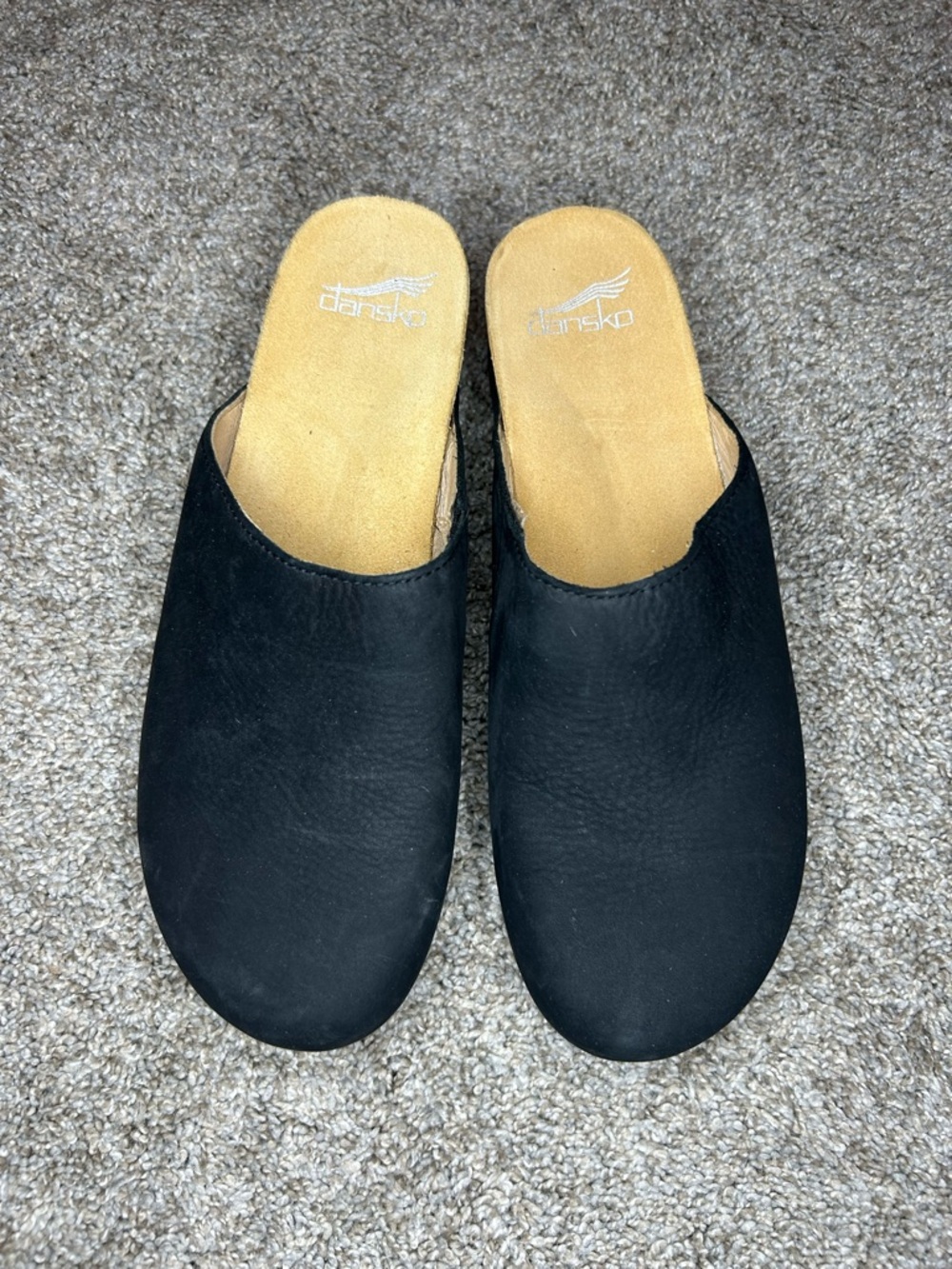Dansko Black Leather Slip-On Clogs with Tan Insole